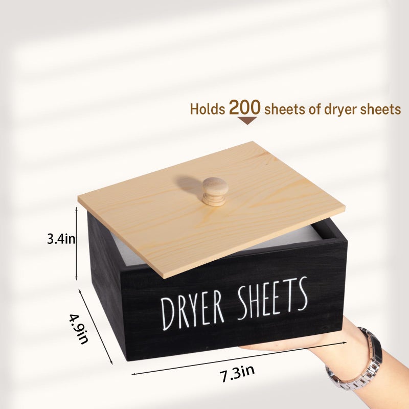 Zoocatia Laundry Room Decor Dryer Sheet Container، حامل موزع المنظفات الخشبي، منظمة وصندوق تخزين مع غطاء لكرات المجفف، كبسولات الغسيل، أسود - Image 3